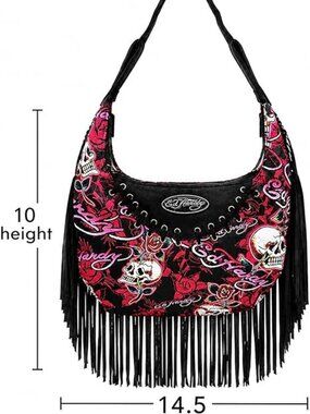 ED HARDY Skull and Rose Fringe Hobo Shoulder Bag